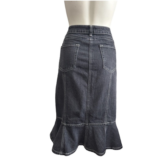 Vintage 1980 MOTTO black denim midi skirt trumpet flounce fit-n-flare women’s 12 - Picture 5 of 15